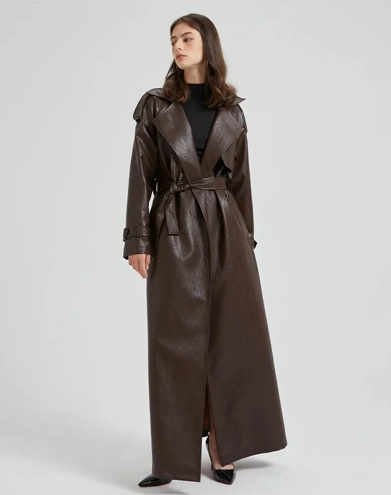 Women's Ultra Long Vegan Leather Trench Coat